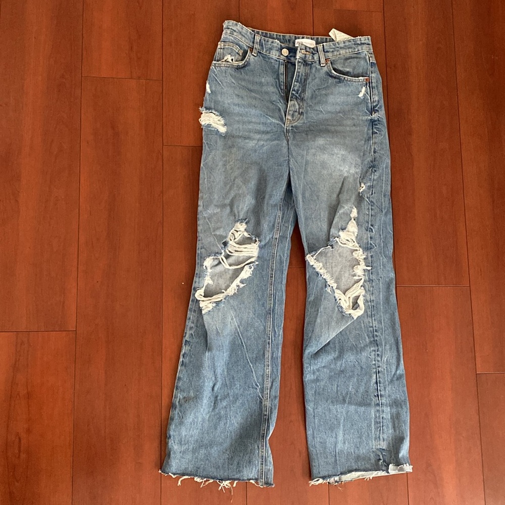 Zara Wide Leg Full Length Distressed Ripped Raw Hem Jeans - Picture 2 of 4